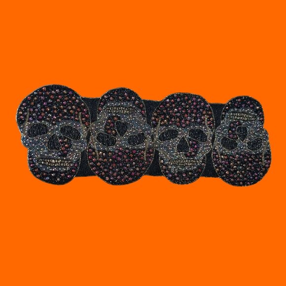 Tahari Beaded Halloween Skulls Table Runner Centerpiece 13x36 Sequins Iridescent - Picture 1 of 6